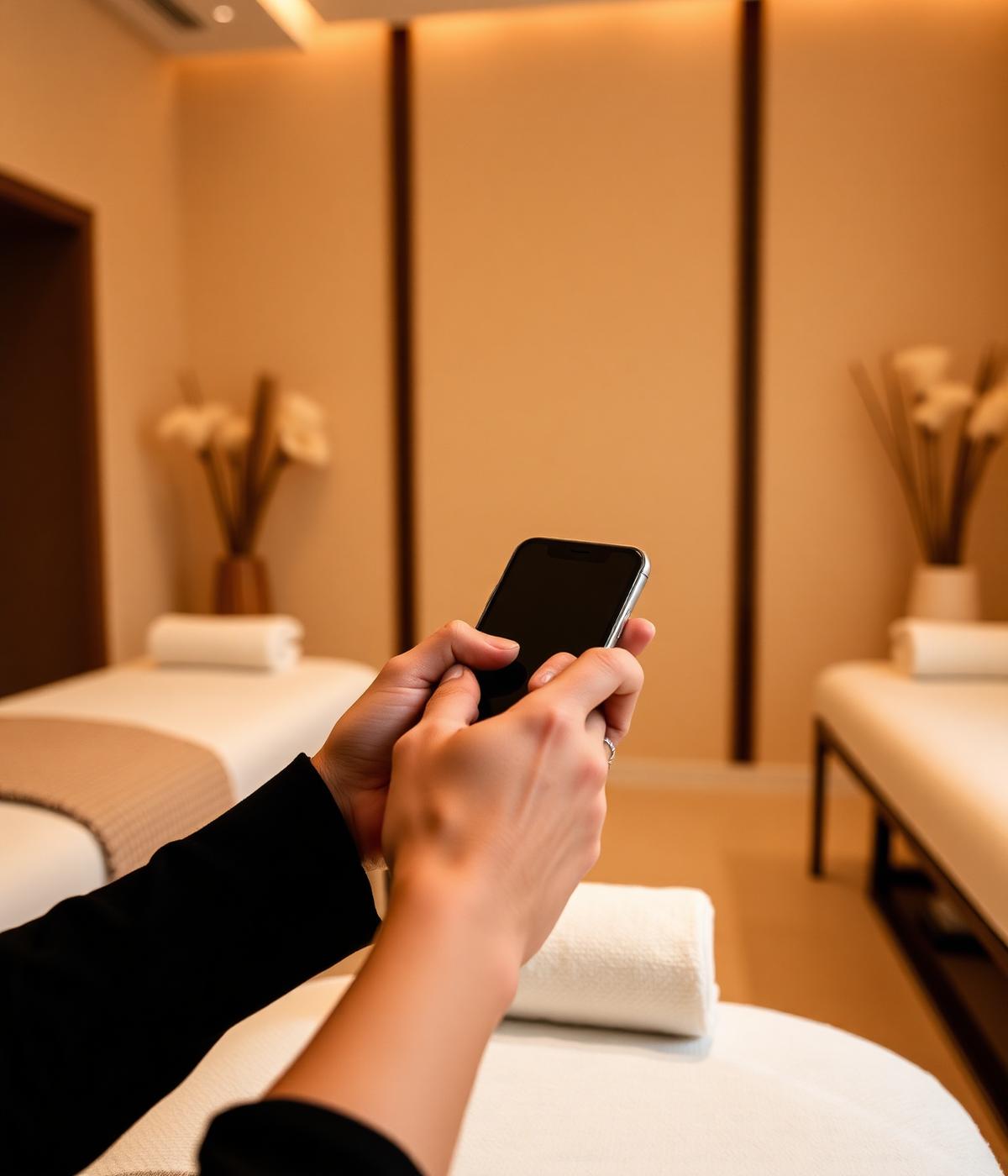 Patient using phone in spa